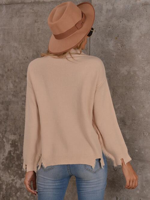 Raw Hem V-Neck Long Sleeve Knit Top BLUE ZONE PLANET