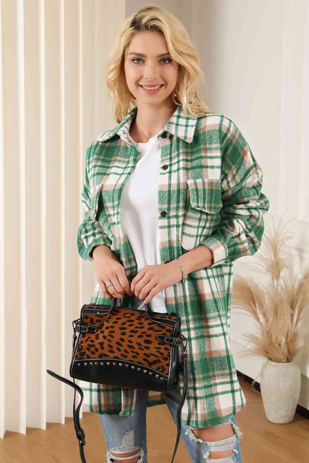 Plaid Dropped Shoulder Shirt Jacket BLUE ZONE PLANET