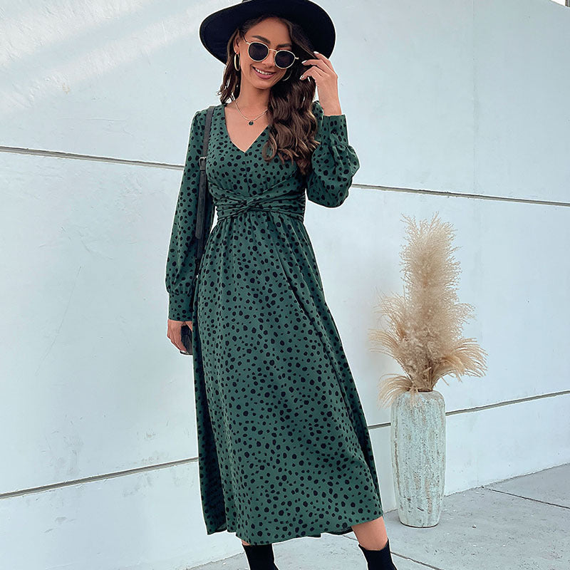 Fashion Ladies Green Long Sleeve Leopard Long Dress kakaclo