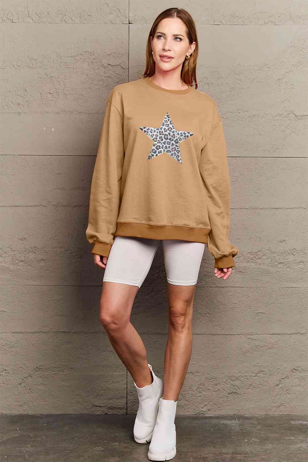 Simply Love Full Size Leopard Star Graphic Sweatshirt BLUE ZONE PLANET