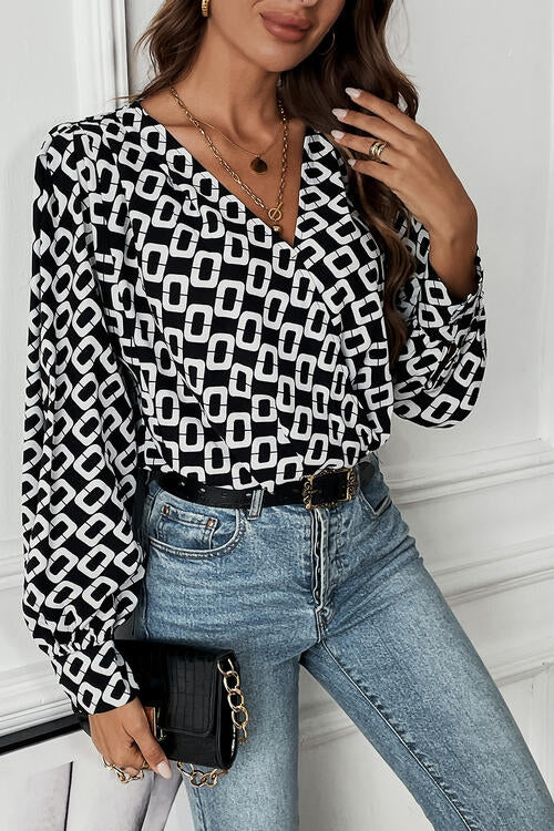 Geometric V-Neck Long Sleeve Blouse BLUE ZONE PLANET