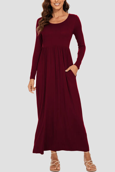 Round Neck Long Sleeve Pocketed Maxi Dress-TOPS / DRESSES-[Adult]-[Female]-Wine-S-2022 Online Blue Zone Planet