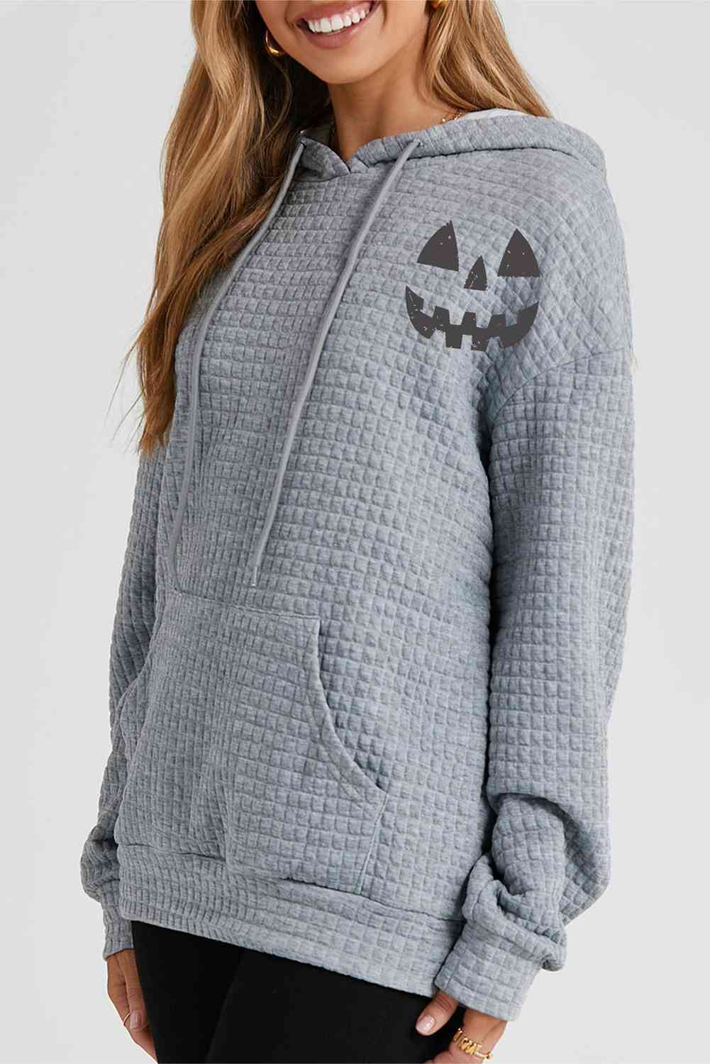 Pumpkin Face Graphic Drawstring Hoodie with Pocket BLUE ZONE PLANET