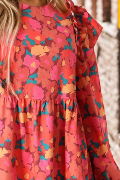 Printed Ruffle Trim Balloon Sleeve Tiered Dress Trendsi