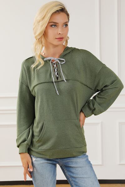 Lace-Up Exposed Seam Hoodie with Pocket-TOPS / DRESSES-[Adult]-[Female]-2022 Online Blue Zone Planet