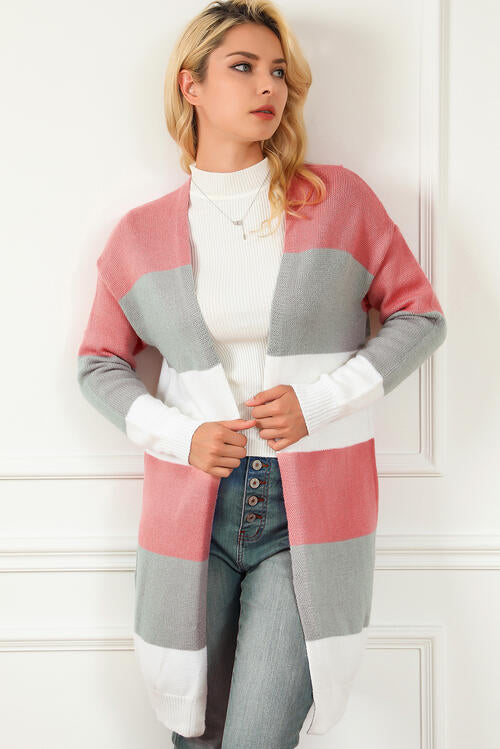 Striped Open Front Long Sleeve Cardigan BLUE ZONE PLANET