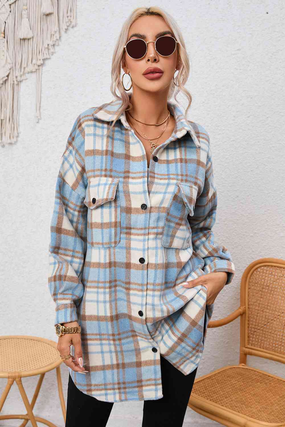 Plaid Dropped Shoulder Shirt Jacket BLUE ZONE PLANET