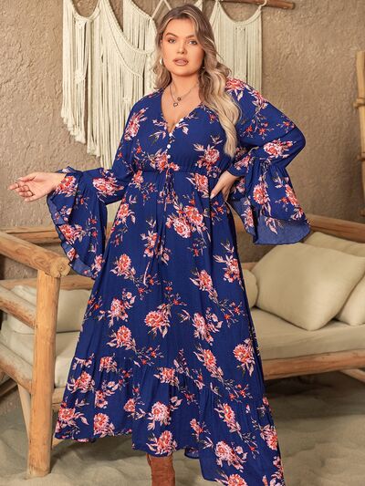 Blue Zone Planet |  Plus Size Printed Half Button Flare Sleeve Dress BLUE ZONE PLANET