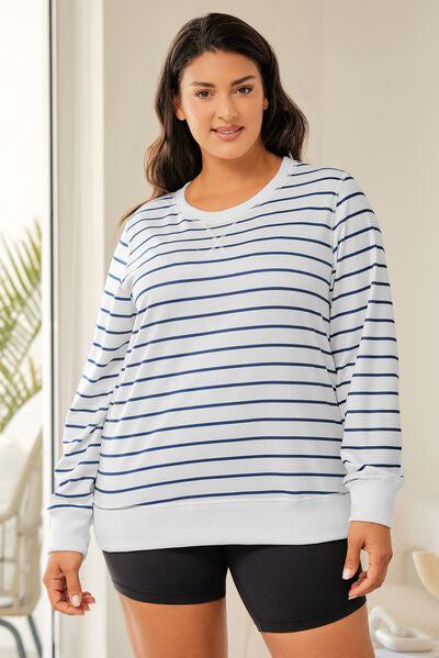 Plus Size Striped Round Neck Long Sleeve T-Shirt BLUE ZONE PLANET