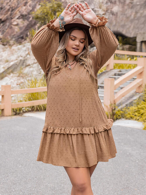 Wholesale MOQ6 Plus Size Dot Flounce Sleeve Mini Dress Wholesale MOQ6 Plus Size Dot Flounce Sleeve Mini Dress