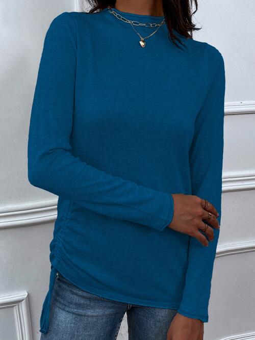 Drawstring Mock Neck Long Sleeve T-Shirt BLUE ZONE PLANET