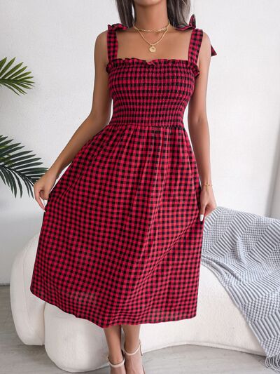 Frill Plaid Square Neck Midi Dress BLUE ZONE PLANET