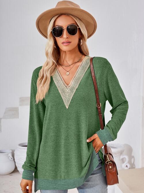 Crochet Contrast V-Neck Long Sleeve Slit T-Shirt BLUE ZONE PLANET