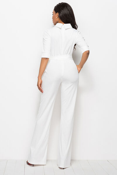 Mock Neck Tie-Waist Half Sleeve Jumpsuit Trendsi