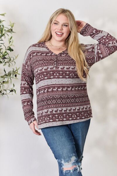 Blue Zone Planet |  Heimish Full Size Christmas Element Buttoned Long Sleeve Top BLUE ZONE PLANET