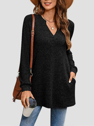 Slit Notched Pocketed Long Sleeve T-Shirt-TOPS / DRESSES-[Adult]-[Female]-Black-S-2022 Online Blue Zone Planet