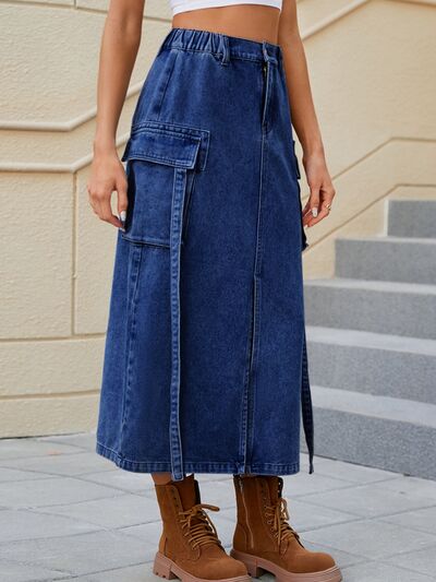 Blue Zone Planet |  Slit Pocketed High Waist Denim Skirt BLUE ZONE PLANET