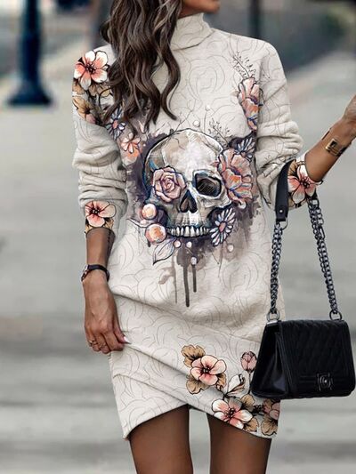 Printed Turtleneck Long Sleeve Mini Dress BLUE ZONE PLANET