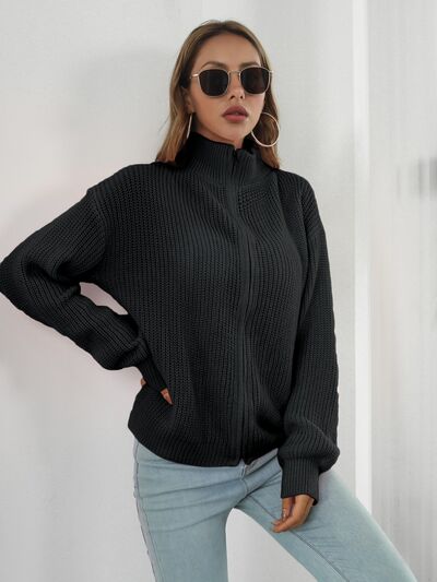 Turtleneck Zip Up Long Sleeve Knit Top BLUE ZONE PLANET