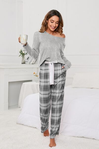 Blue Zone Planet |  Round Neck Long Sleeve Top and Bow Plaid Pants Lounge Set BLUE ZONE PLANET