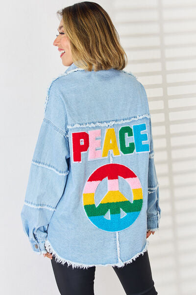 PEACE Raw Hem Dropped Shoulder Denim Top Trendsi