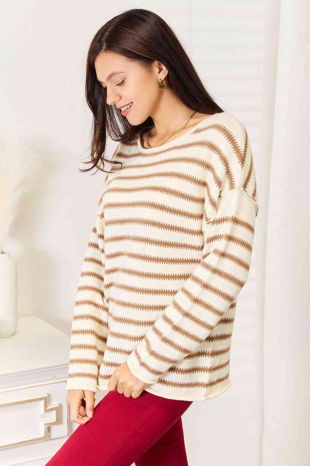 Double Take Striped Boat Neck Sweater BLUE ZONE PLANET