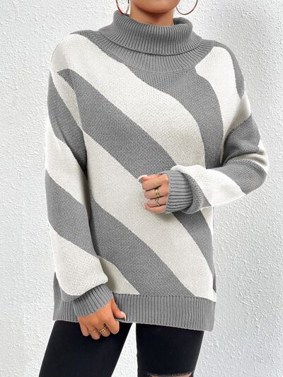 Blue Zone Planet |  Striped Turtleneck Dropped Shoulder Sweater BLUE ZONE PLANET