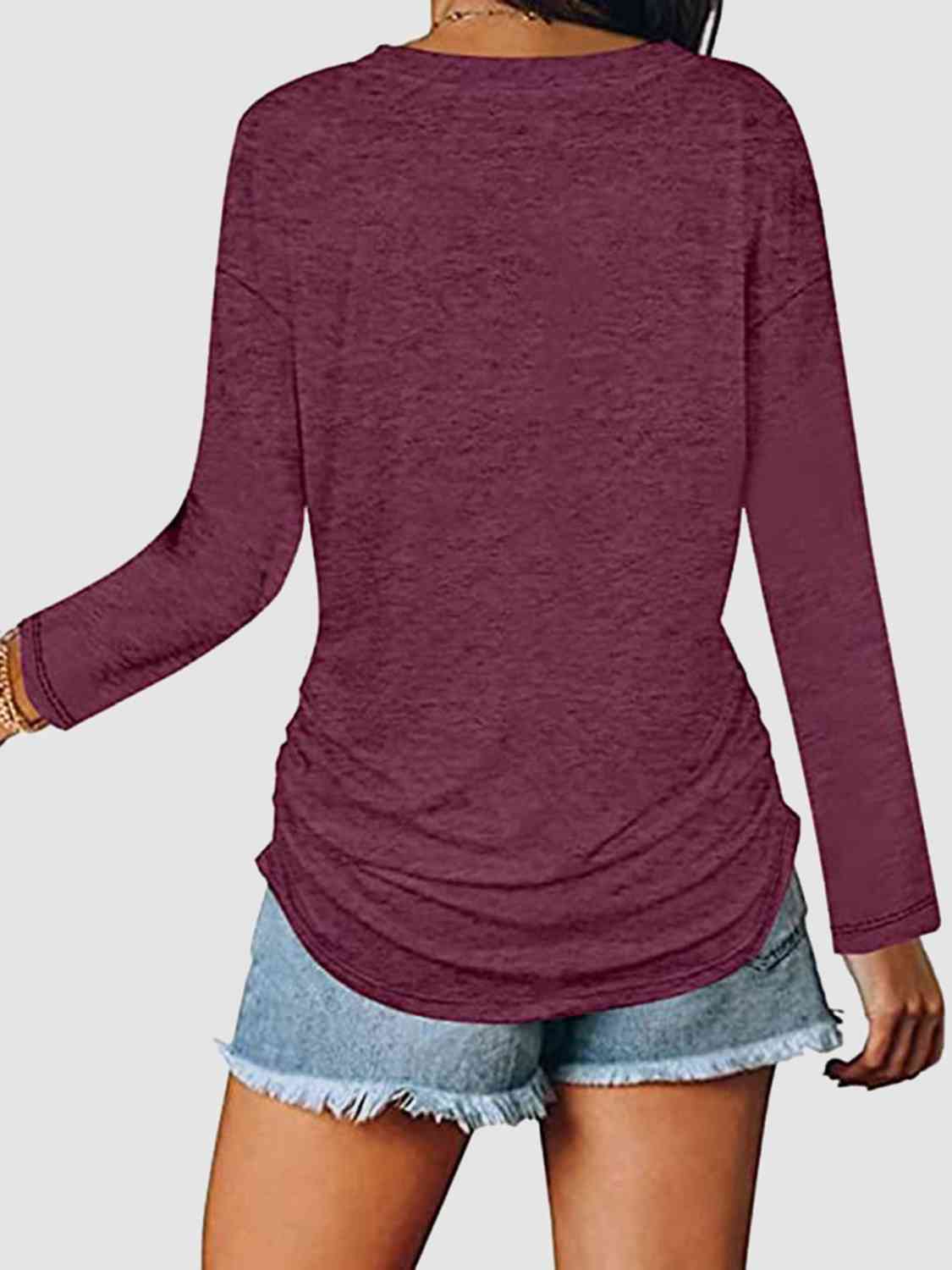 Ruched V-Neck Long Sleeve T-Shirt BLUE ZONE PLANET