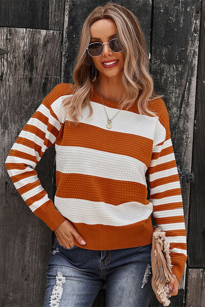 Striped Round Neck Dropped Shoulder Sweater-TOPS / DRESSES-[Adult]-[Female]-Pumpkin-S-2022 Online Blue Zone Planet