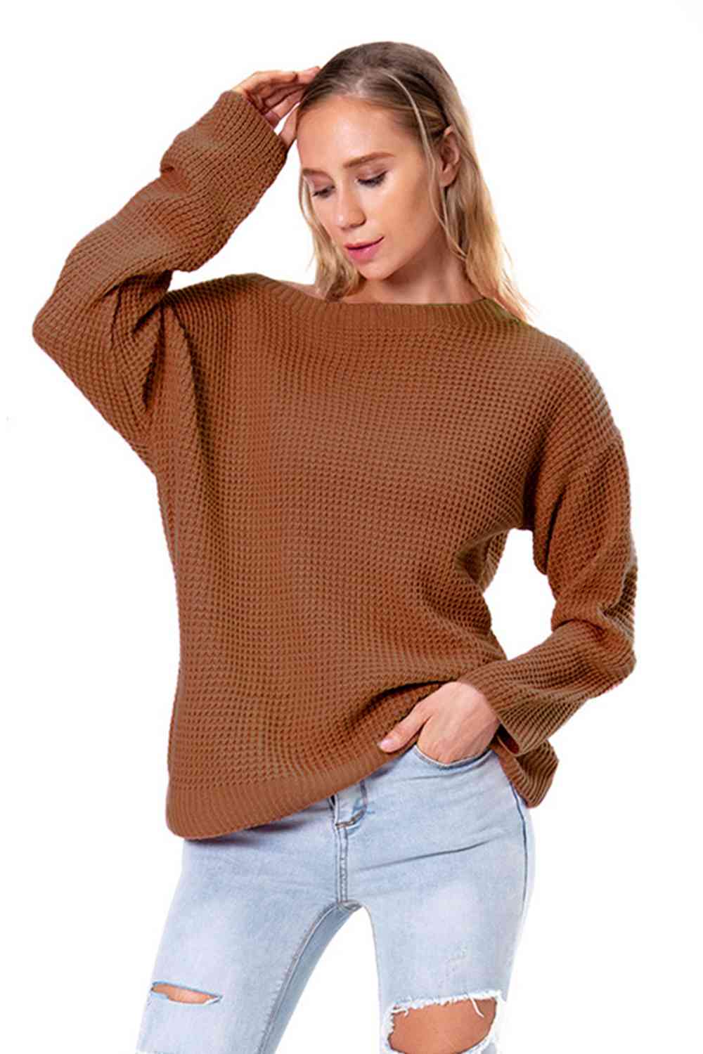 Boat Neck Drop Shoulder Long Sleeve Sweater BLUE ZONE PLANET