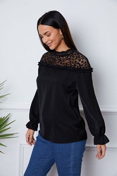 Leopard Frill Flounce Sleeve Blouse Trendsi