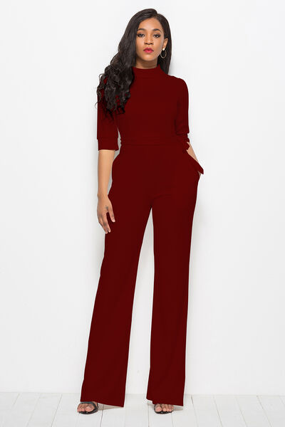 Mock Neck Tie-Waist Half Sleeve Jumpsuit Trendsi