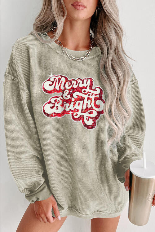 Round Neck Sequin Letter Spelling Graphic Long Sleeve Sweatshirt BLUE ZONE PLANET