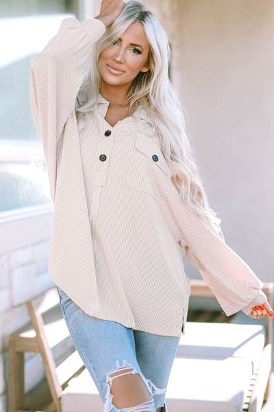 Collared Neck Half Button Long Sleeve Blouse BLUE ZONE PLANET