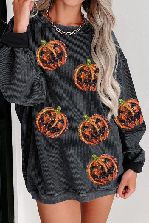 Sequin Patch Pumpkin Round Neck Sweatshirt BLUE ZONE PLANET