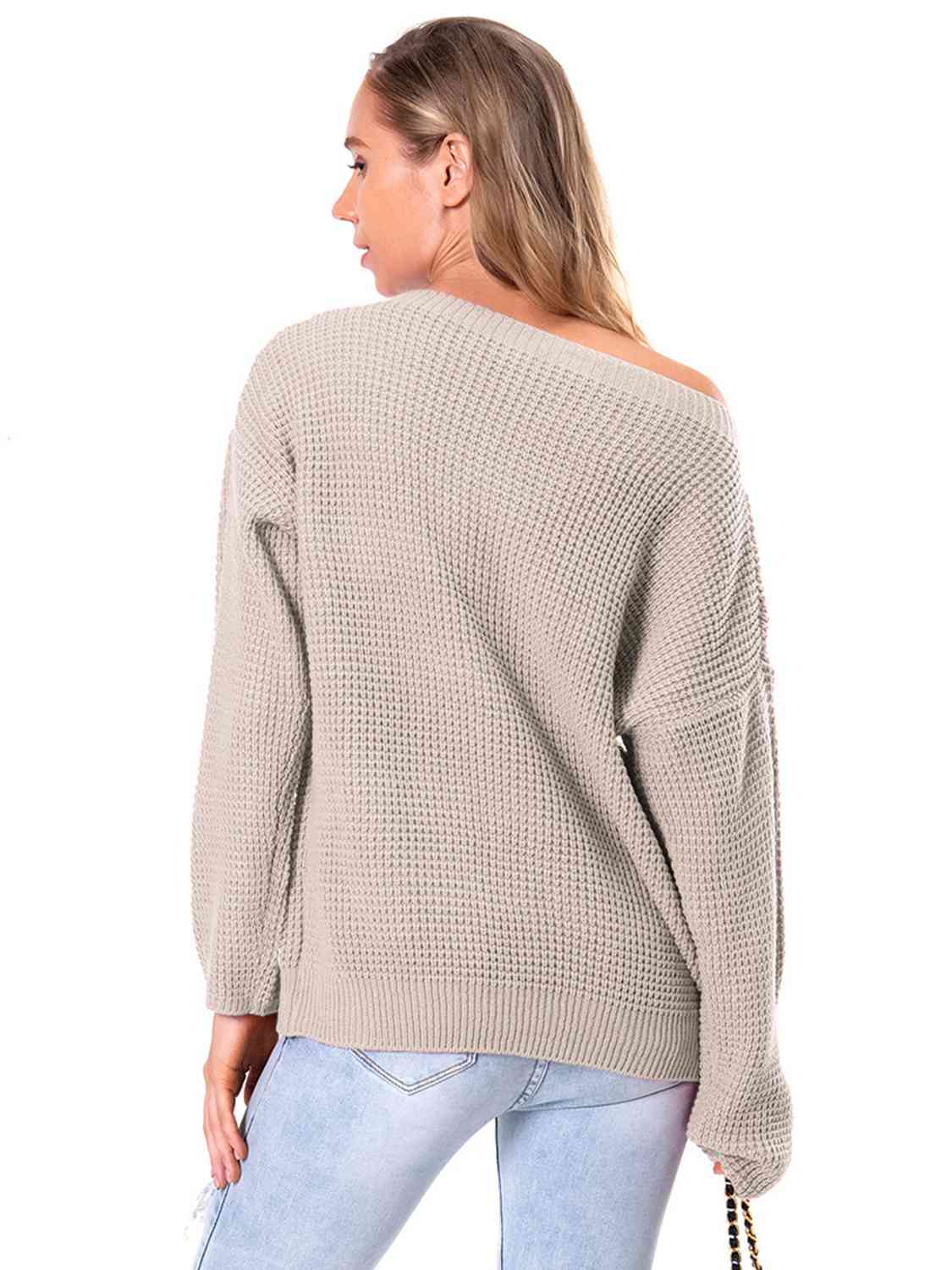 Boat Neck Drop Shoulder Long Sleeve Sweater BLUE ZONE PLANET