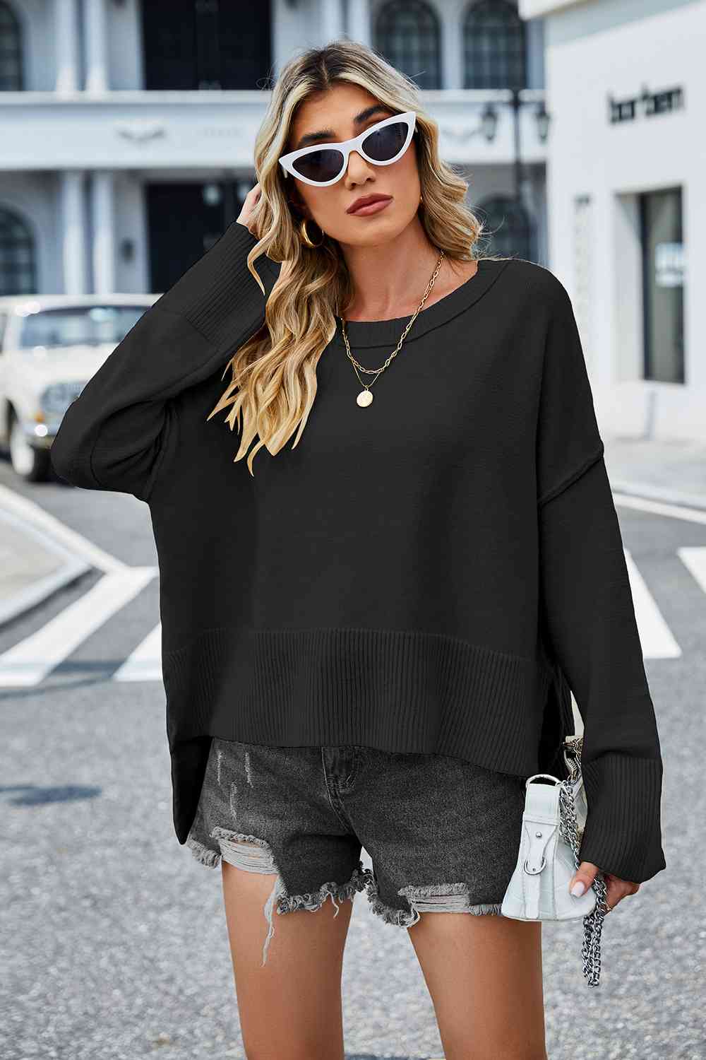 Round Neck Dropped Shoulder Slit Sweater BLUE ZONE PLANET