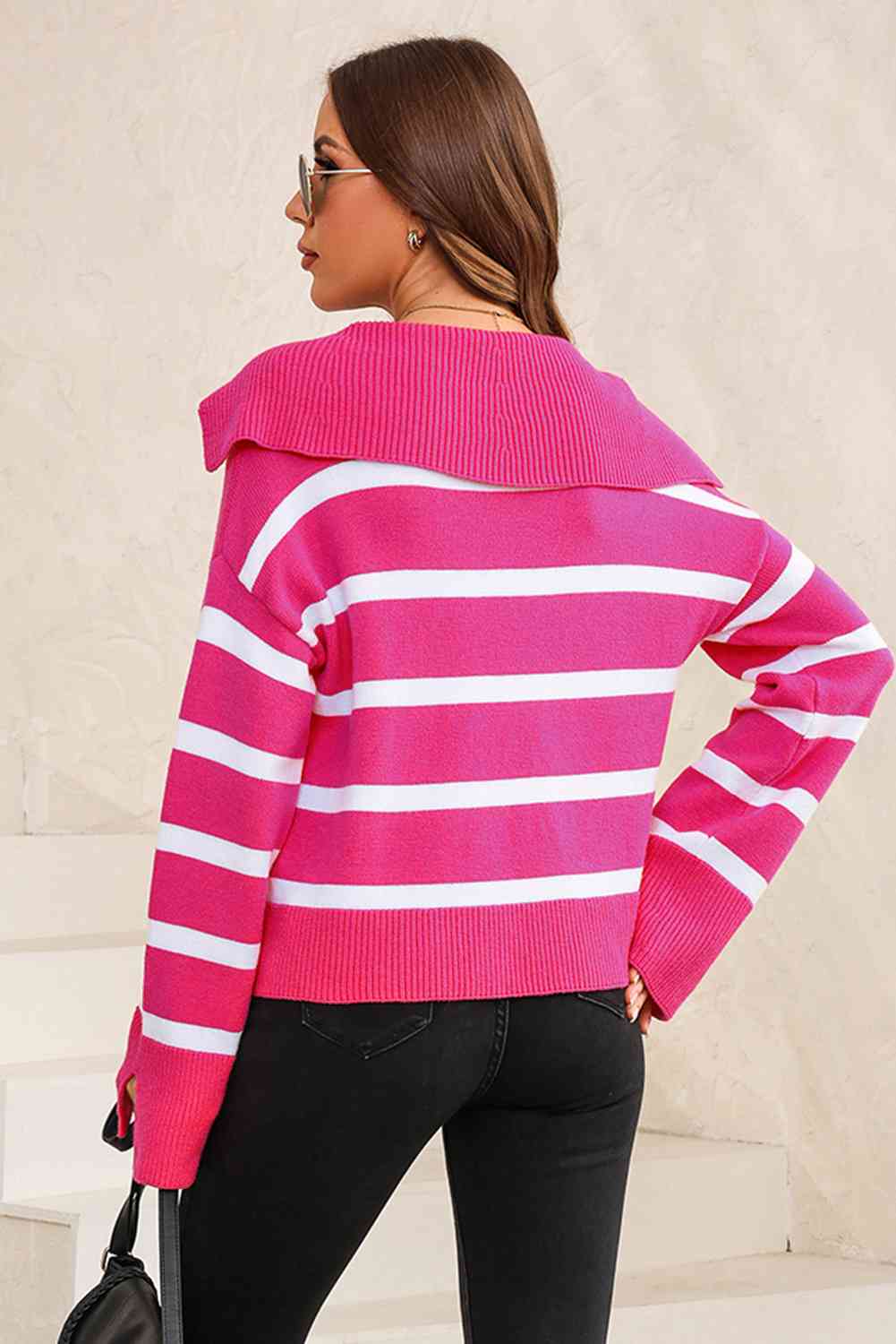 Striped Collared Neck Slit Sweater BLUE ZONE PLANET