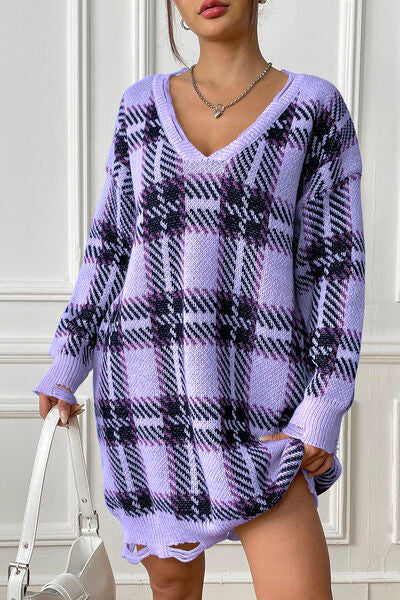 Plaid V-Neck Long Sleeve Sweater Dress BLUE ZONE PLANET