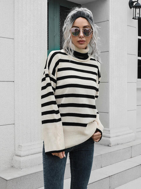 Striped Slit Turtleneck Drop Shoulder Sweater BLUE ZONE PLANET