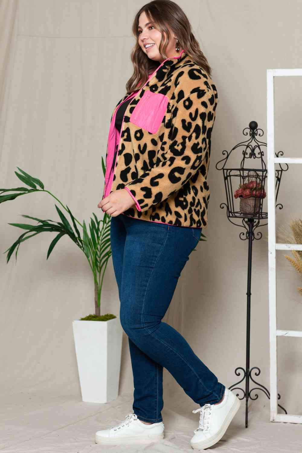 Plus Size Leopard Zip Up Jacket with Pockets BLUE ZONE PLANET