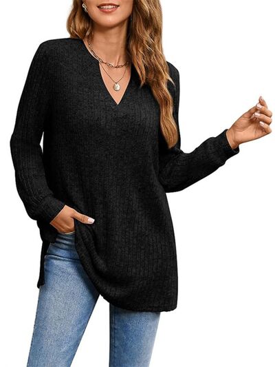 Slit Notched Pocketed Long Sleeve T-Shirt-TOPS / DRESSES-[Adult]-[Female]-2022 Online Blue Zone Planet