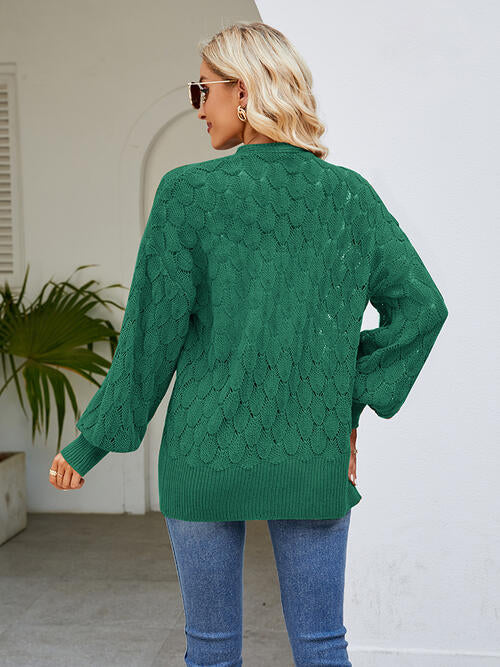 Openwork Open Front Lantern Sleeve Cardigan BLUE ZONE PLANET