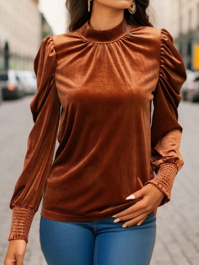 Tied Mock Neck Puff Sleeve Blouse-TOPS / DRESSES-[Adult]-[Female]-2022 Online Blue Zone Planet