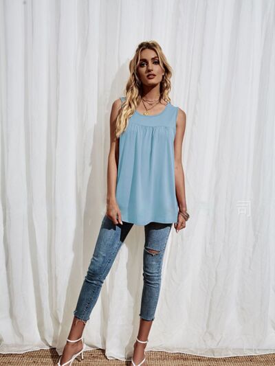 Round Neck Wide Strap Ruched Tank Trendsi