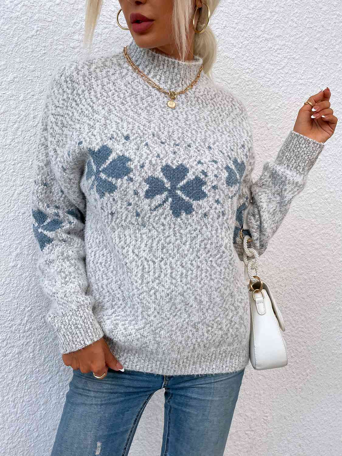 Four Leaf Clover Mock Neck Sweater BLUE ZONE PLANET