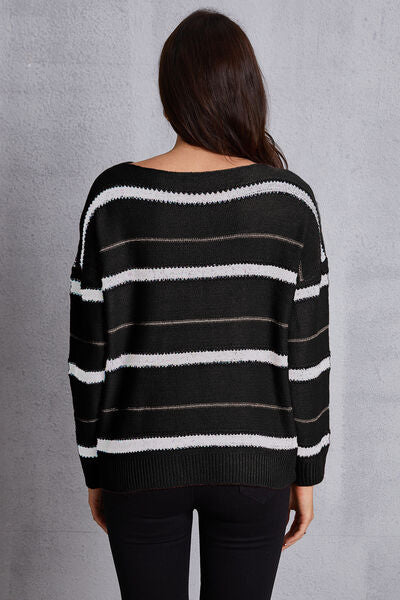 Striped Round Neck Dropped Shoulder Sweater-TOPS / DRESSES-[Adult]-[Female]-2022 Online Blue Zone Planet