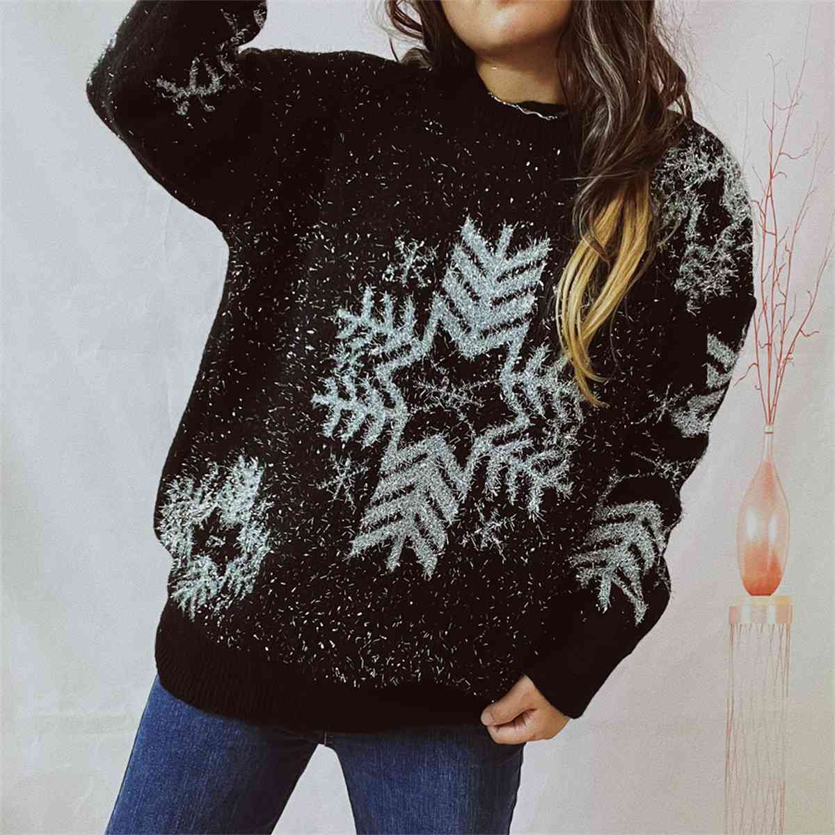 Snowflake Pattern Long Sleeve Sweater BLUE ZONE PLANET