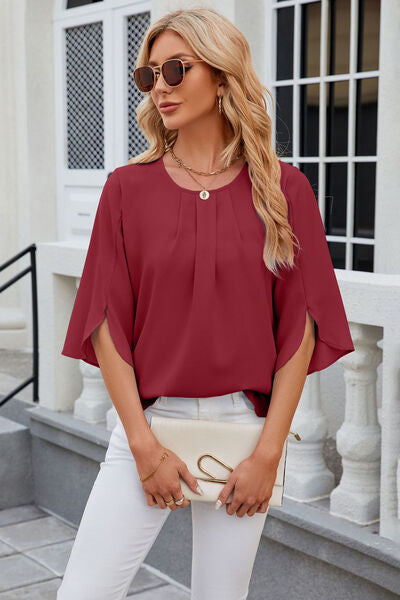 Blue Zone Planet |  Round Neck Slit Half Sleeve Top BLUE ZONE PLANET