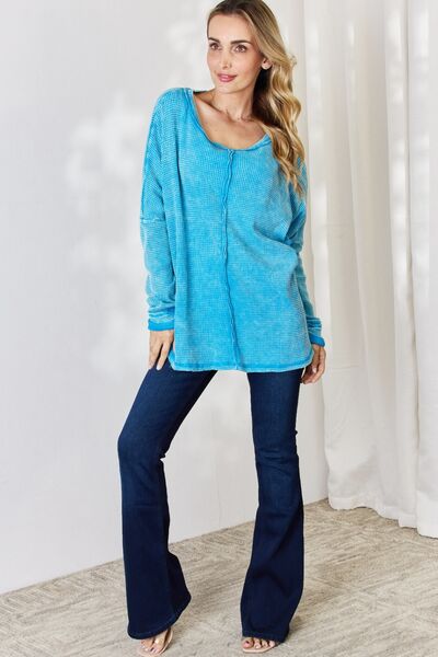 Zenana Oversized Waffle Long Sleeve Top-TOPS / DRESSES-[Adult]-[Female]-2022 Online Blue Zone Planet